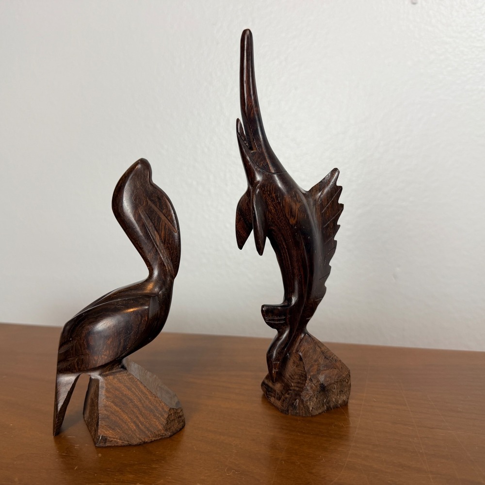 Vintage Hand-Carved Ironwood Pelican & Sailfish set of 2‎ Statue Figurine